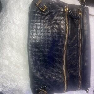Women’s Black Textured Crossbody Bag with Gold Zippers